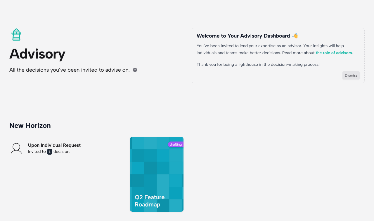 Advisory dashboard with a welcome message and the Q2 Feature Roadmap decision card under the New Horizon team
