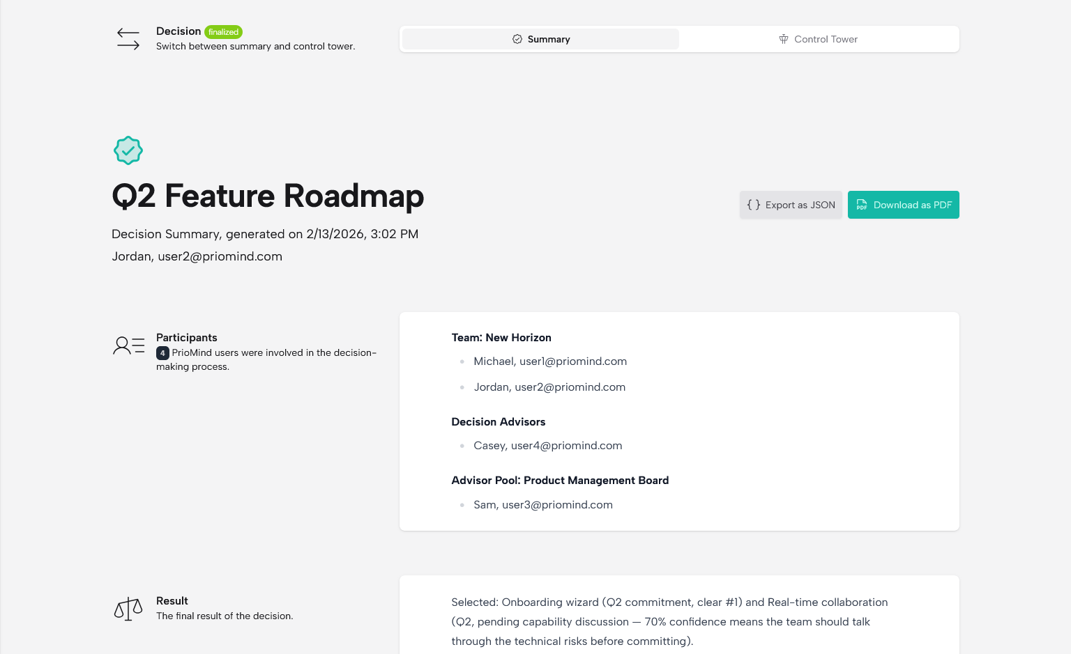 Finalized decision summary with export options, participant list, and result