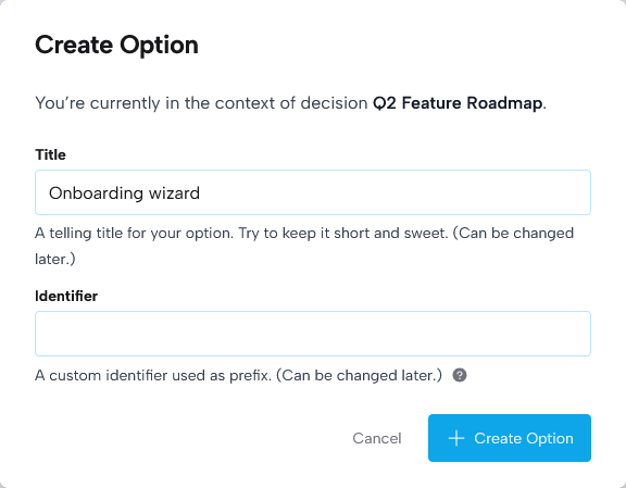 Create Option dialog with title and identifier fields