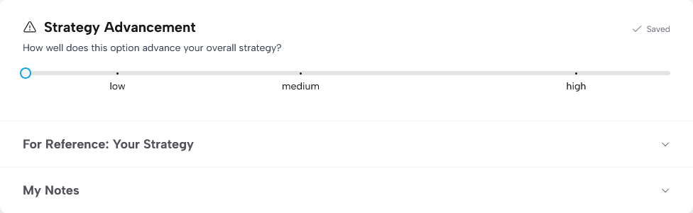 Strategy Advancement criterion with a low-medium-high slider, reference strategy, and personal notes